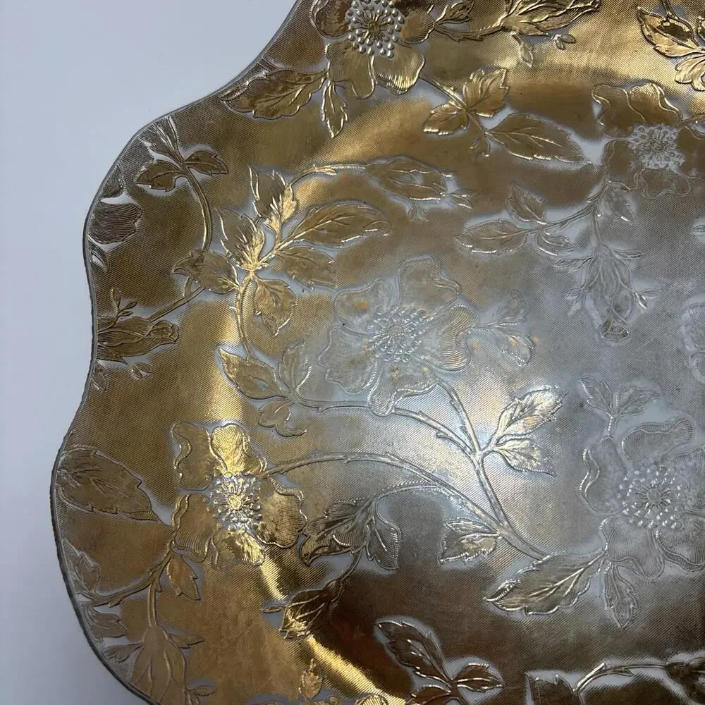 Vintage Etched Glass Plate 11” Gold Floral Scalloped Edge Mid-Century
